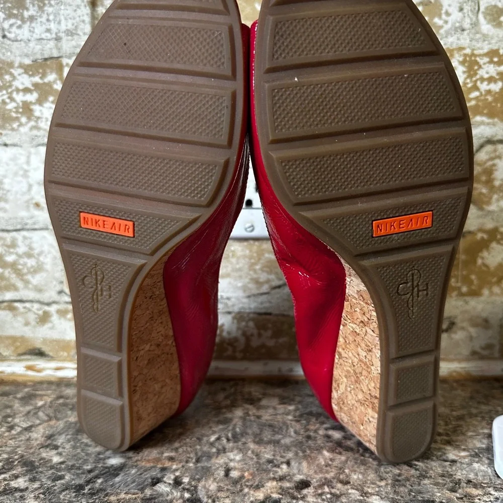 Cole Haan Wedge Sandals Womens 10B Red Patent Leather Nike Air Peep Toe Cork